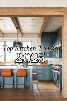 a kitchen with blue cabinets and orange chairs next to an open door that says top kitchen trends 205