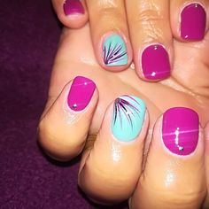 Bright Vacation Nails Short, Red And Teal Nail Designs, Magenta And Teal Nails, Fun Dip Nail Designs, Mint And Purple Nails, Purple Tropical Nails, Teal Summer Nails Turquoise, Pink Purple Teal Nails, Summertime Nail Ideas