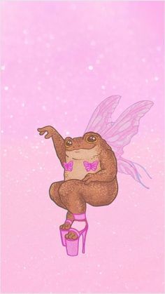 a drawing of a brown bear with pink shoes and wings