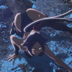 an anime character is diving in the water