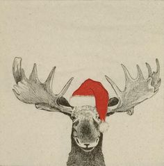 a drawing of a moose wearing a santa hat