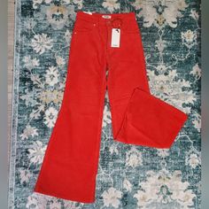 Offers Are Welcome! Nwt Wrangler Wanderer 622 Red Corduroy High Rise Flare Jeans. Size 24x30. Bought Them But They're A Size Too Small For Me. Sorry About The Upside-Down Photos, Haha, But Please Refer To Those Photos For Measurements. Sold At Free People. These Are True To Size. Trendy Red Full-length Jeans, Trendy Red Corduroy Bottoms, Red Corduroy Jeans For Fall, Fall Red Corduroy Jeans, Red Corduroy Bottoms For Fall, High Rise Flare Jeans, Wrangler Jeans, Upside Down, Colored Jeans