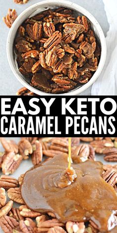 caramel pecans are being drizzled with caramel sauce on top