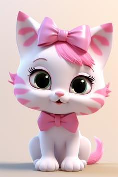 a white kitten with pink hair and big eyes sitting down wearing a pink bow tie