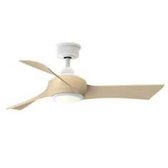 a white ceiling fan with wooden blades and a light on the top, against a white background