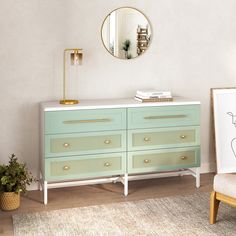 Modern 6 Drawer Dresser Bedroom Dresser Colors, White And Green Dresser, Trendy Dressers, Modern Dresser Design, Green Dresser Bedroom, Bedroom Dresser Ideas, Dresser Modern Design, Dresser Inspo, Dresser 6 Drawer