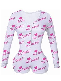 Yes Daddy Cute and Comfy Pink and white Deep V neck, Long sleeve, Printed, Button closure in front, One piece, Stretch, Bodycon Bodysuit romper short pajamas Material: Polyester, soft and breathable. Long Sleeve Jumpsuits, Bodycon Bodysuit, Button Long Sleeve, Long Sleeve Jumpsuit, Red Bottoms, Long Sleeve Bodycon, Short Jumpsuit, Sleepwear Women, Pajamas Women