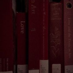 a row of red books sitting on top of a book shelf next to each other