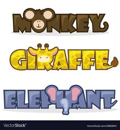 three different types of cartoon animals with the word monkey, giraffe and elephant