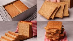 there are several pictures of bread being cut into squares and placed on top of each other