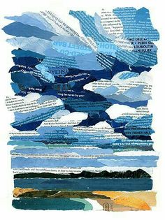 a collage of blue and white paper with words on it