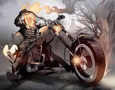 a man riding on the back of a motorcycle with flames coming out of his face