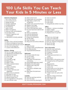 a list with the words 100 life skills you can teach your kids in 5 minutes or less