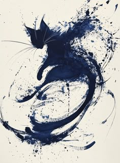 a black and white painting with a cat on it's back