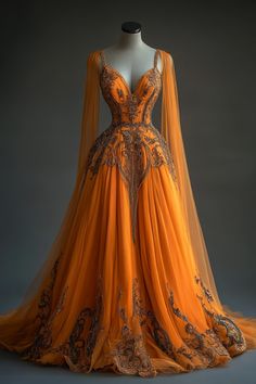 Orange Princess Dress, Orange Ball Gown, Orange Formal Dresses, Fantasy Ball, Orange Dresses, Amazing Clothes, Social Art, Dress Royal