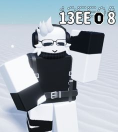 an animated character with headphones and glasses holding a block in the middle of snow