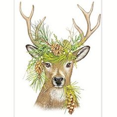 a deer with pine cones on its antlers