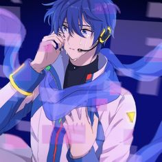 an anime character with blue hair and headphones talking on a cell phone while wearing a scarf around his neck