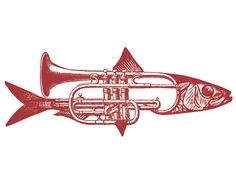 a red and white drawing of a fish with a trumpet in it's mouth