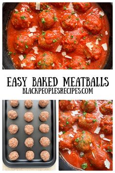 easy baked meatballs recipe in a skillet and on a baking sheet with text overlay