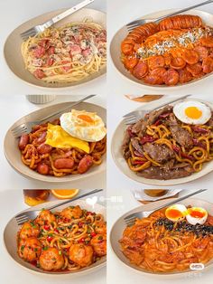 four pictures of different types of food on plates with forks and spoons in them