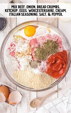 beef, onion, bread crumbs, ketchup, eggs, worcestershire sauce, cream, italian seasoning, salt, and pepper mixed together Crock Pot Ziti, Easy Crockpot Meatloaf, Quick Meatloaf Recipes, Meatloaf Topping, Cheesy Meatloaf, Crockpot Meatloaf Recipes