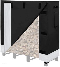 a black and white firewood storage cabinet with its door open to reveal the wood inside