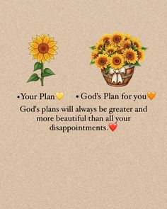 two sunflowers with the words your plan god's plan for you, god's plans will always be greater and more beautiful than all your disappointment