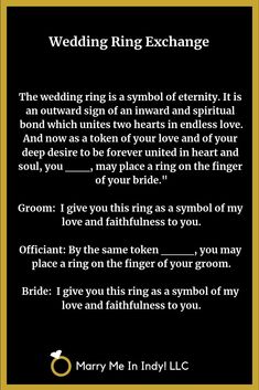 the wedding ring exchange is written in black and gold