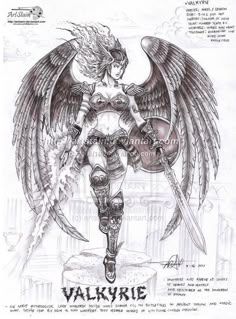 a drawing of an angel with wings on her chest and two swords in her hand