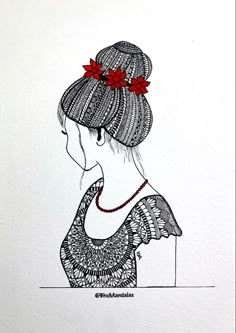 a drawing of a woman with red flowers in her hair