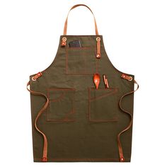 an apron with two pockets on the front and one pocket in the back that has utensils attached to it