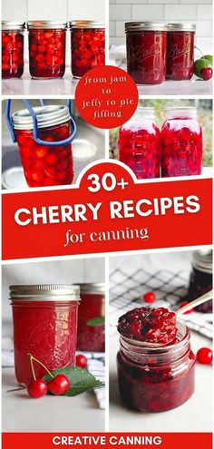 cherry jam recipe in jars with cherries on the side and text overlay that reads 30 + cherry recipes for canning