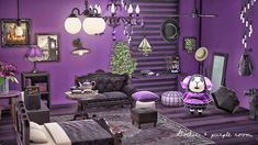 a purple living room with lots of furniture and decorations on the walls, along with an animal figurine