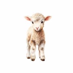 a baby lamb standing up against a white background