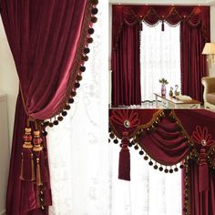 red curtains with tassels hanging from them in front of a white curtained window