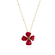 The Hibiscus flower is a symbol of beauty, charm and glory. Red hibiscus flowers symbolize passion and deep romantic love. This style is the latest addition to the flower family. It is handmade with 22K gold plated brass and enamel. The buds of the flower are coloured with enamel in different colours. This beautiful necklace comes with the Milou Jewelry box For avoiding damage to your jewels, take care that they do not contact hard chemicals.In order to prevent friction and contact origin minor Flower Necklace Outfit, Choker Necklace Outfit, Deep Romantic, Red Hibiscus Flower, Red Flower Necklace, Flower Choker Necklace, Necklace Outfit, Red Hibiscus, White And Blue Flowers