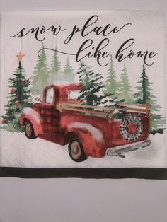 an old red truck with christmas trees on the back and snowflakes on the front