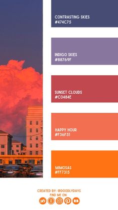 an image of the sky and clouds over some buildings with oranges, purples, and reds