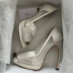 I’m A Size 7 (Eu 37) But These Fit Like A 6.5 So Need To Sell In Near Perfect Condition, Comes With Box And Dust Bag White Embellished Heels With Mesh Detailing, Beautiful For A Wedding Shoe Or Special Occassion! Christian Dior Heels, Dior Heels, Designer Wedding Shoes, Embellished Heels, Vintage Christian Dior, Shoes Vintage, Dior Shoes, Vintage Shoes, White Bag