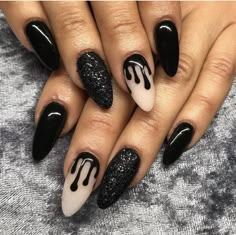 Goth Fall Nail Designs, Halloween Nails Black Short, Dark Blue Spooky Nails, Pretty Halloween Nails Black, Goth Gel Manicure, Spooky Nails Almond Shape, Halloween Nails Almond Shape Black, Short Pointy Halloween Nails, Black Nails Acrylic Halloween