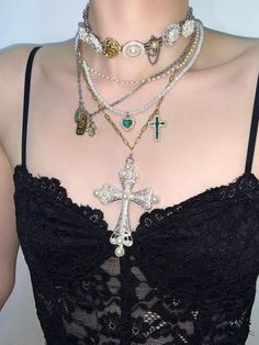 Pearl Cross Pendant Layered Choker Necklace | Jewelry | Three Fleas Multi Chain Choker Necklace With Cross, Cross Necklace Aesthetic Grunge, Cross Necklace Grunge, Cross Necklace Goth, Cross Choker Gothic, Layered Choker Necklace, Pop Up Window, Layered Chokers, Y2k Style