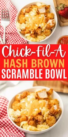 two bowls filled with hash browns next to a red and white checkered table cloth