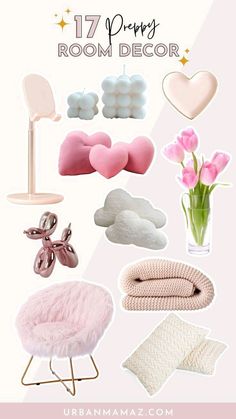 there are many different items that can be used to decorate the room in pink and white