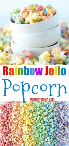 rainbow jello popcorn in a bowl with the title overlay