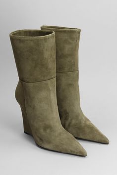 Bay 100 High heels Ankle boots in green suede, pointed toe, wedge 100 mm, 100% suede, leather sole, Made in Italy Colmar Jacket, High Heels Ankle Boots, High Heel Boots Ankle, Suede Wedges, Green Suede, Sneaker Wedge, Wedge Boots, Dark Fashion, Heeled Ankle Boots