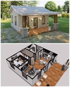 two pictures showing the inside and outside of a small house, one with an open floor plan