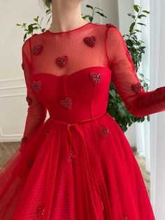 Dotted Hearty Dress | Teuta Matoshi Modest Red Prom Dress, Lovecore Fashion, Matoshi Dress, Pageant Evening Gowns, Teuta Matoshi, Soiree Dress, Red Midi, Couture Mode, فستان سهرة