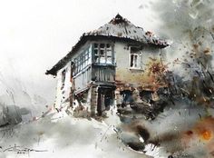 a watercolor painting of a house on a hill