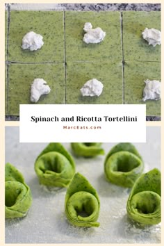 spinach and ricotta tortilla shells on a baking sheet with text overlay